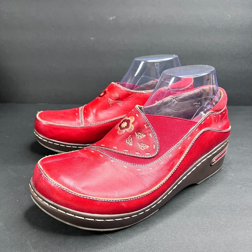 Spring Step L'Artiste Burbank Red Leather Clogs Floral Slip On EU 42 US‎ 10
